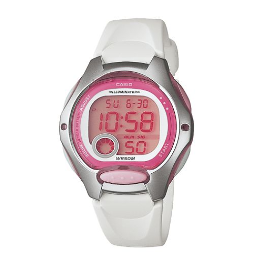 Casio Ladies Calendar Day Date Watch w Round ST Case, Pink Digital Dial & White Band