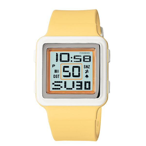 Casio Ladies Calendar Day/Date Watch w/ST/White Case, Black Dial &