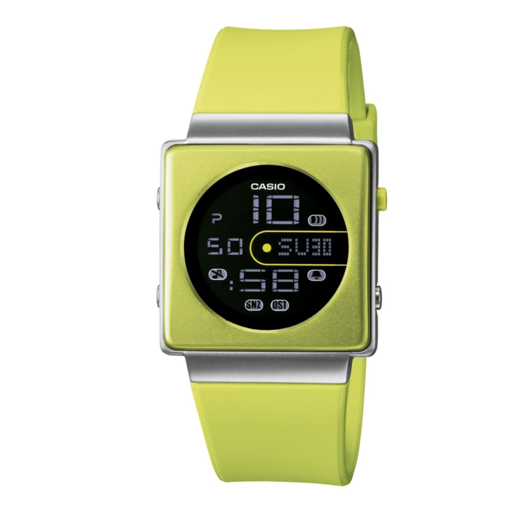 Casio Ladies Calendar Day/Date Watch with Square Case, Black Dial & Green Resin Band