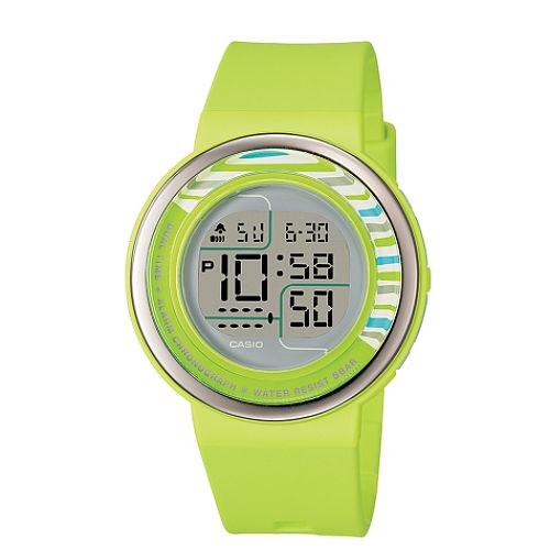 Casio Ladies Calendar Day Date Watch w Round Black Detail Dial & Green Resin Band