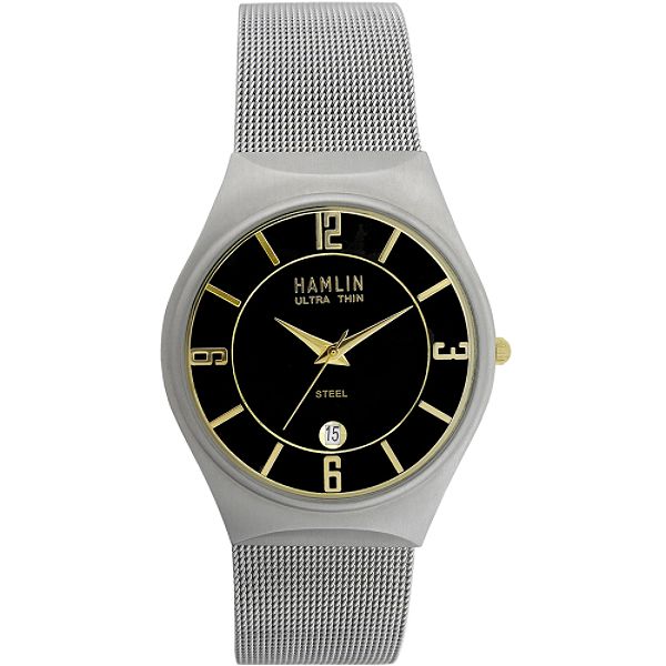 Hamlin Men's Calendar Date Watch w/Round Black & Goldtone Dial &