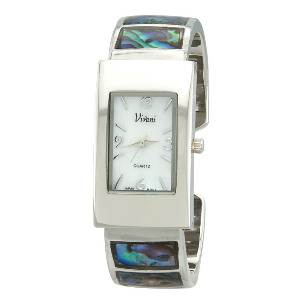 Vivani Ladies Watch w/Silvertone Rectangle Case, White Dial & Color Inset Stretch Band