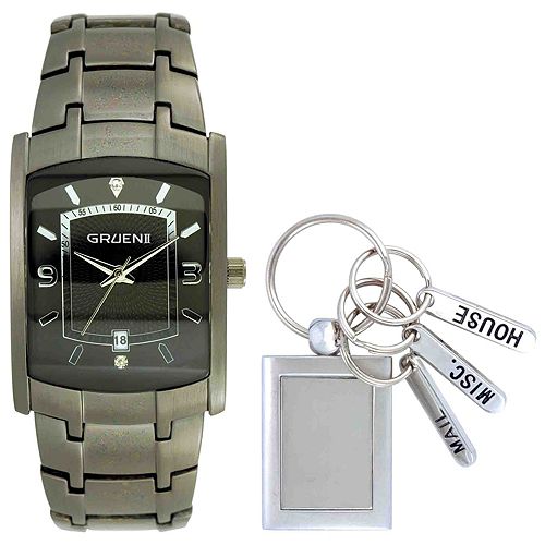 Gruen Men's Calendar Date Diamond Accent Black/Gunmetal Watch and Key Ring Gift Set