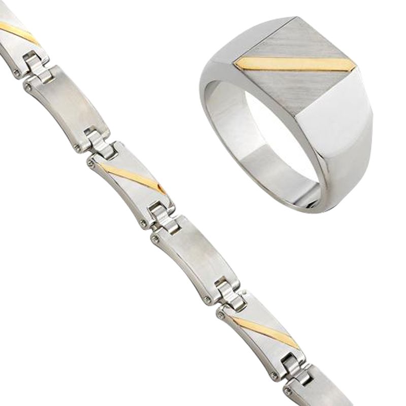 Mens Ring and Link Bracelet Set. 14K Yellow Gold and Stainless Steel