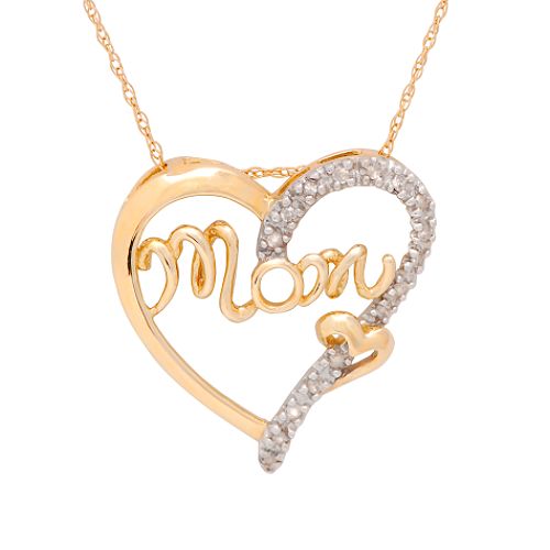 1/8 ct. tw. Diamond "Mom" Heart Pendant. 10K Yellow Gold