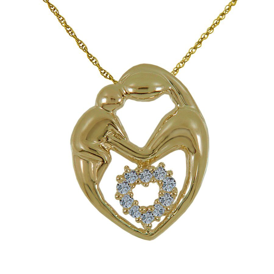 Mom and Her Child Diamond Accent Double Heart Pendant. 10K Yellow Gold