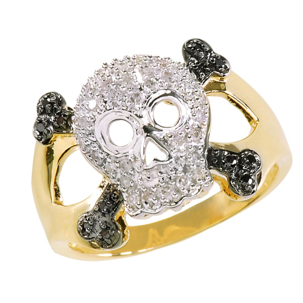 1/4 ct. tw.* Black and White Diamond Skull and Crossbones Ring. 10K Yellow Gold