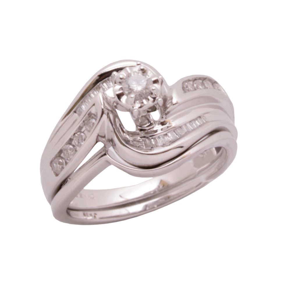 1/3 ct. t.w.* Round and Baguette Diamond Bridal Set in 10k White Gold