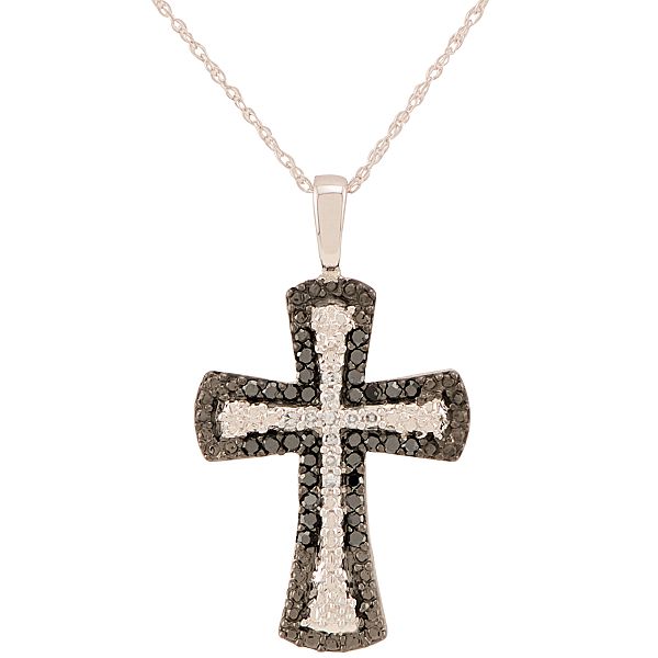 1/4 ct. t.w. Black and White Diamond Cross Pendant. 10K White Gold