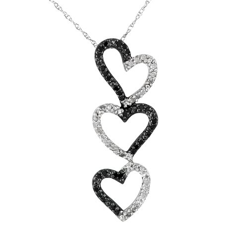 1/4 ct. tw. Black and White Diamond Triple Heart Drop Pendant. 10K White Gold
