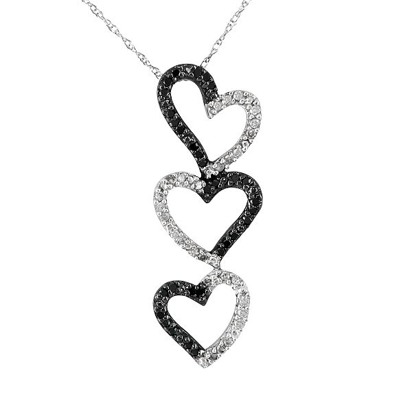 1/4 ct. tw. Black and White Diamond Triple Heart Drop Pendant. 10K White Gold