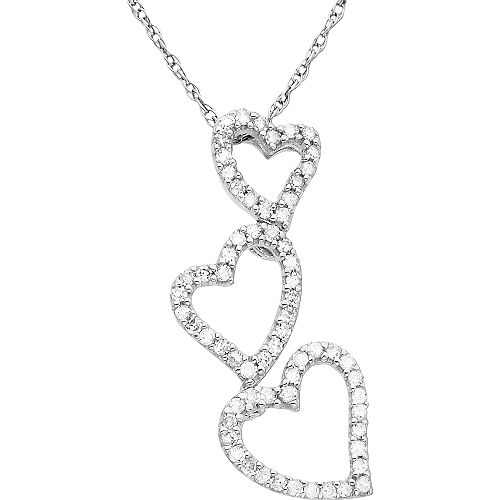 10K White Gold Triple Heart Pendant with Diamond Accents