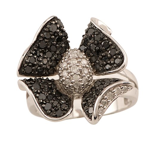 1 ct. t.w. Black and White Diamond Flower Ring. Sterling Silver