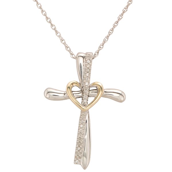 1/10 ct. t.w. Diamond Cross Pendant in 14K Gold & Sterling Silver