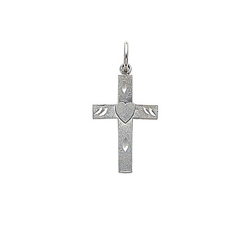 14K White Gold Diamond-cut Cross with Heart Charm