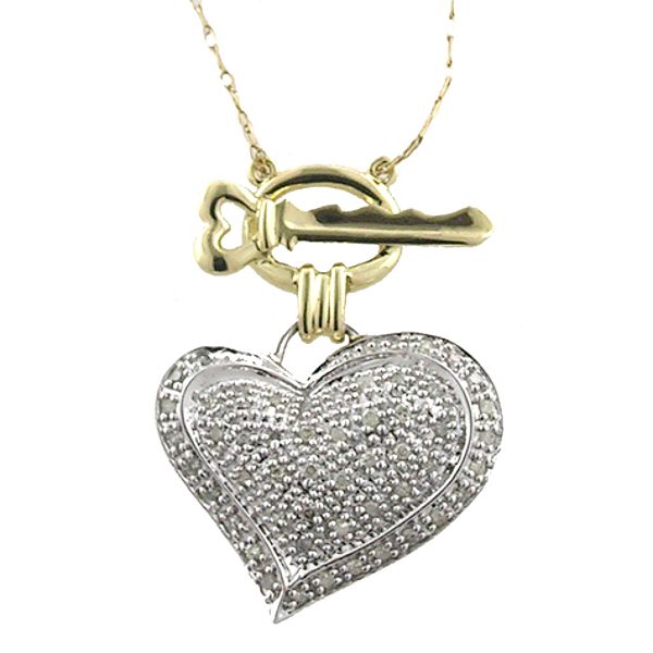 1/4 ct. tw. Diamond Heart/Key Pendant. 10K White and Yellow Gold
