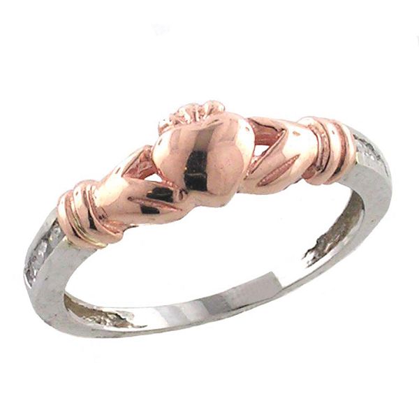 Diamond Claddagh Ring. 10K Rose and White Gold