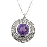 Amethyst and Diamond Accent Circle Drop Pendant. 10K White Gold