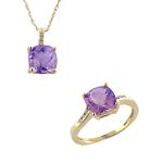 Amethyst and Diamond Ring and Pendant Set. 10K Yellow Gold