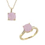 Ambras Rose Quartz and Diamond Ring and Pendant Set. 10k Yellow Gold