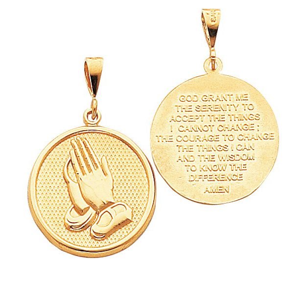 14k Yellow Gold Reversible Serenity Prayer and Praying Hands Pendant