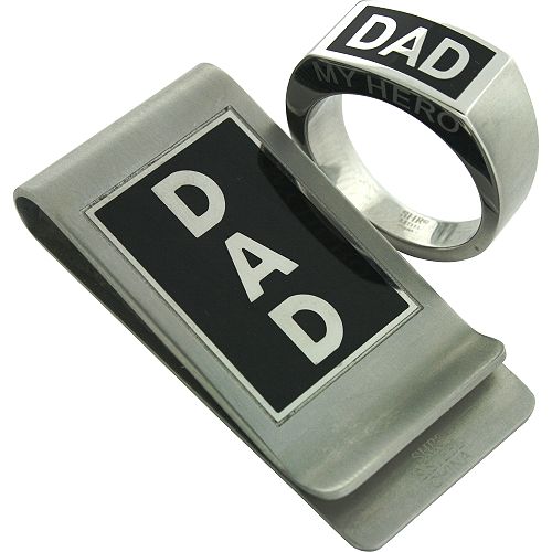 Stainless Steel Dad Ring and Money Clip Set