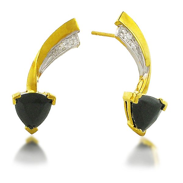 Black Onyx Trillion and Diamond Earrings. 14K Yellow Gold