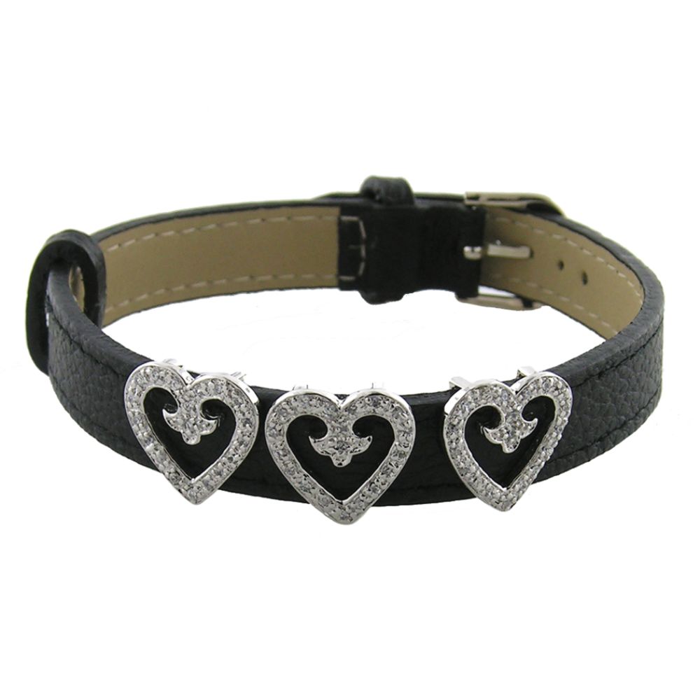 Sterling Silver Hearts on Black Leather Bracelet