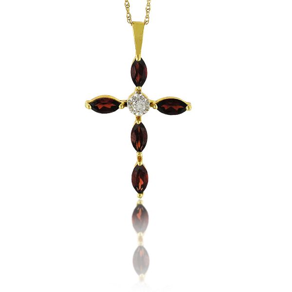 Garnet and Diamond Cross Pendant. 10K Yellow Gold
