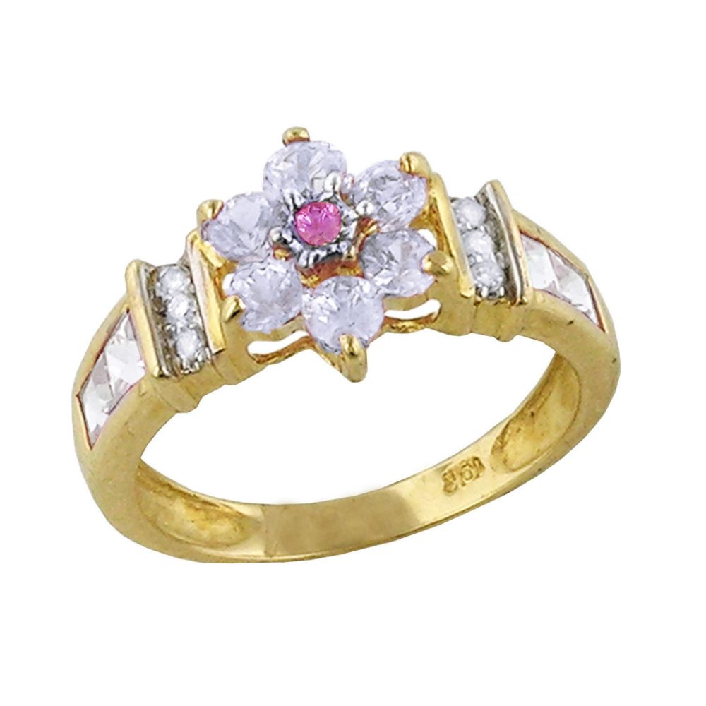 White Topaz and Pink Sapphire Flower Ring. 10k Yellow Gold
