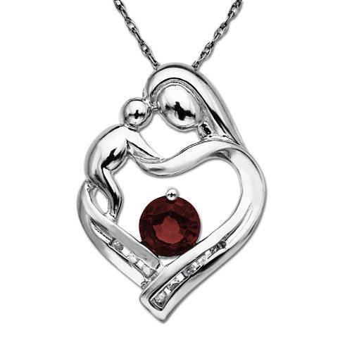Sterling Silver Mother's Jewel Garnet and Diamond Pendant