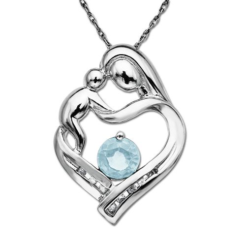 Sterling Silver Mother's Jewel Aquamarine and Diamond Heart Pendant