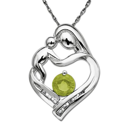 Sterling Silver Mother's Jewel Peridot and Diamond Heart Pendant