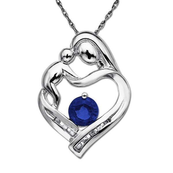 Sterling Silver Mother's Jewel Sapphire and Diamond Heart Pendant