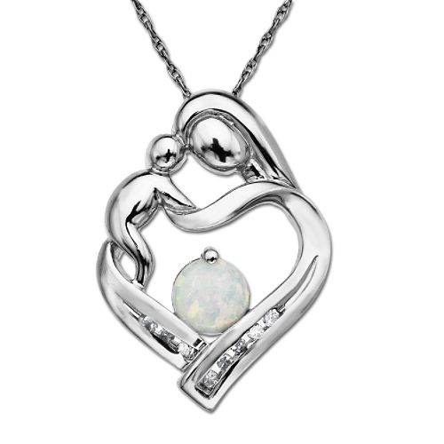 Sterling Silver Mother's Jewel Opal and Diamond Heart Pendant