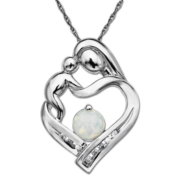 Sterling Silver Mother's Jewel Opal and Diamond Heart Pendant