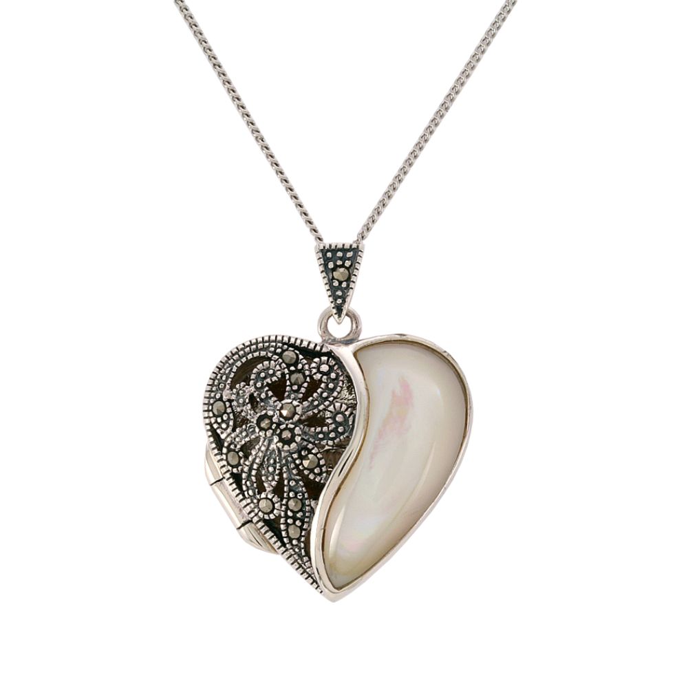 Victoria Crowne Sterling Silver, Marcasite and Mother-of-Pearl Heart Locket