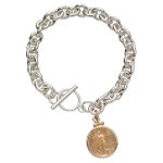 22Kt Gold American Eagle Coin and 14K Gold Plain Pendant Silver Toggle Bracelet