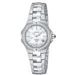 Seiko Ladies Calendar Date Watch w/Diamond Accents, Mother-of-Pearl Dial & Link Band