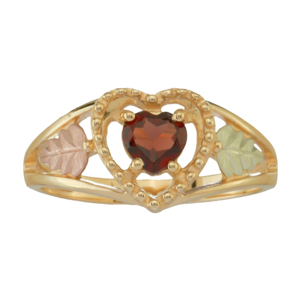 Black Hills Gold Tricolor 10K Gold Ladies Garnet Heart Ring