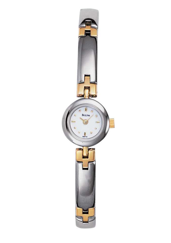 Bulova Ladies Two Tone Dress Watch with White Dial and Solid Link Band