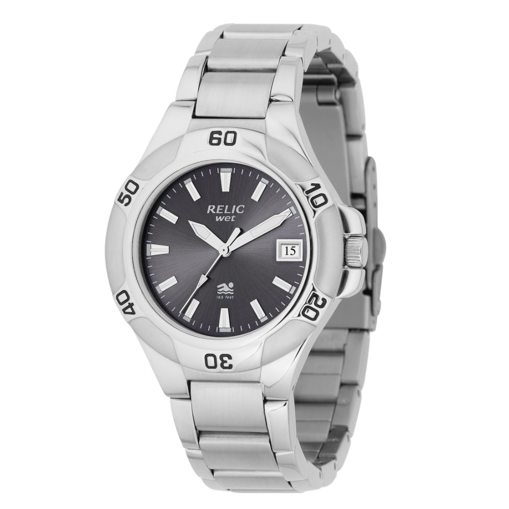 Relic Mens Calendar Date Watch with Gun Metal Dial and Silvertone Link Band
