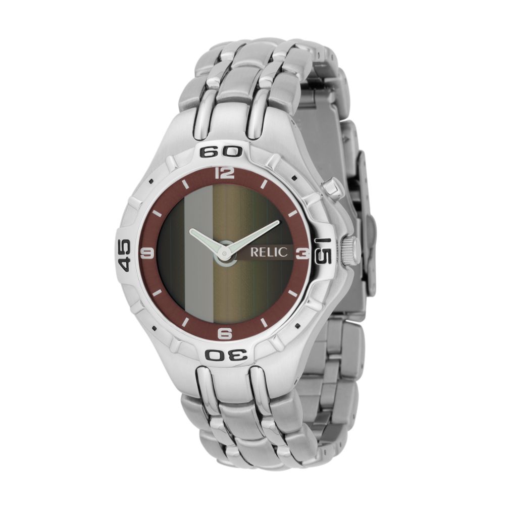 Relic Mens Dress Watch with Brown Moving Color Dial and Silvertone Link Band