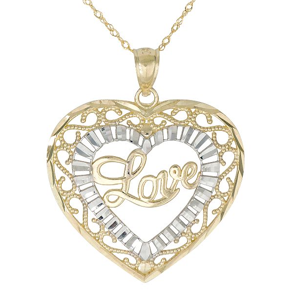 "Love" Heart Charm. 10K White and Yellow Gold