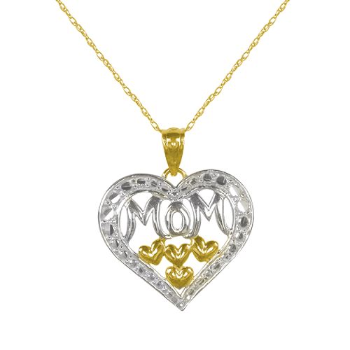 "Mom" Heart Pendant with Heart Accents, 10K White and Yellow Gold