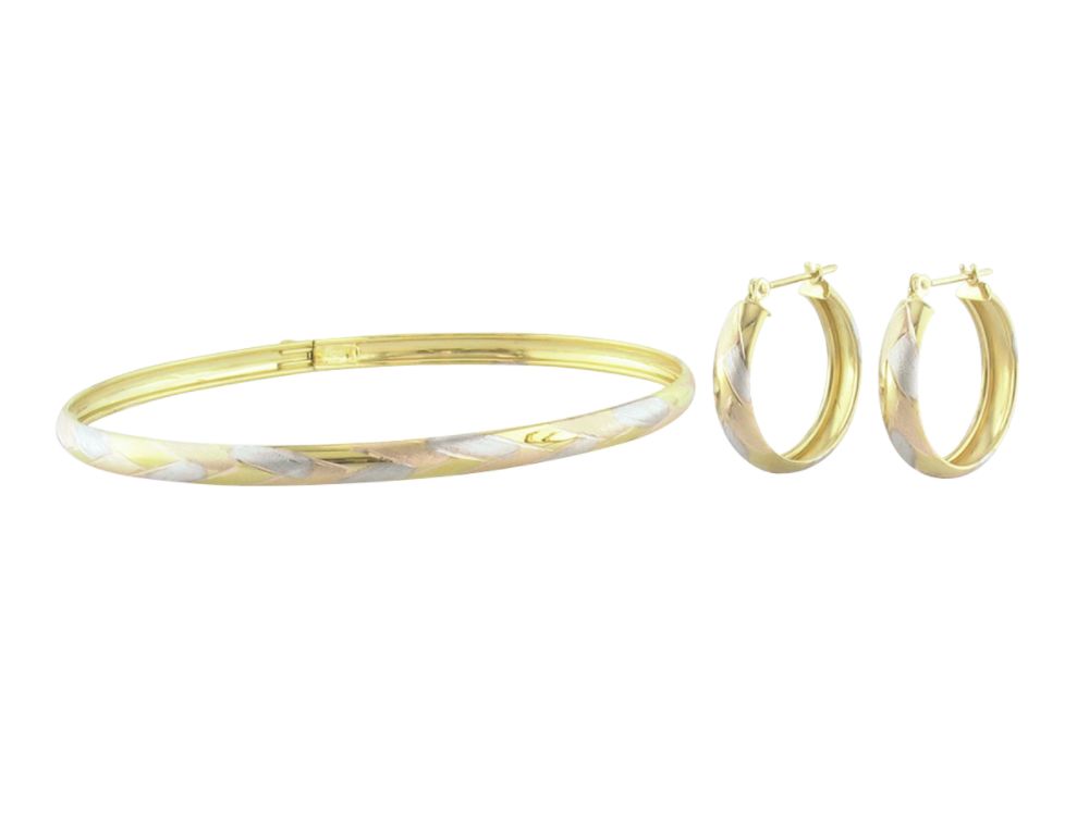 Braided Hoop Earring and Bangle Set. 10K Rose, White and Yellow Gold