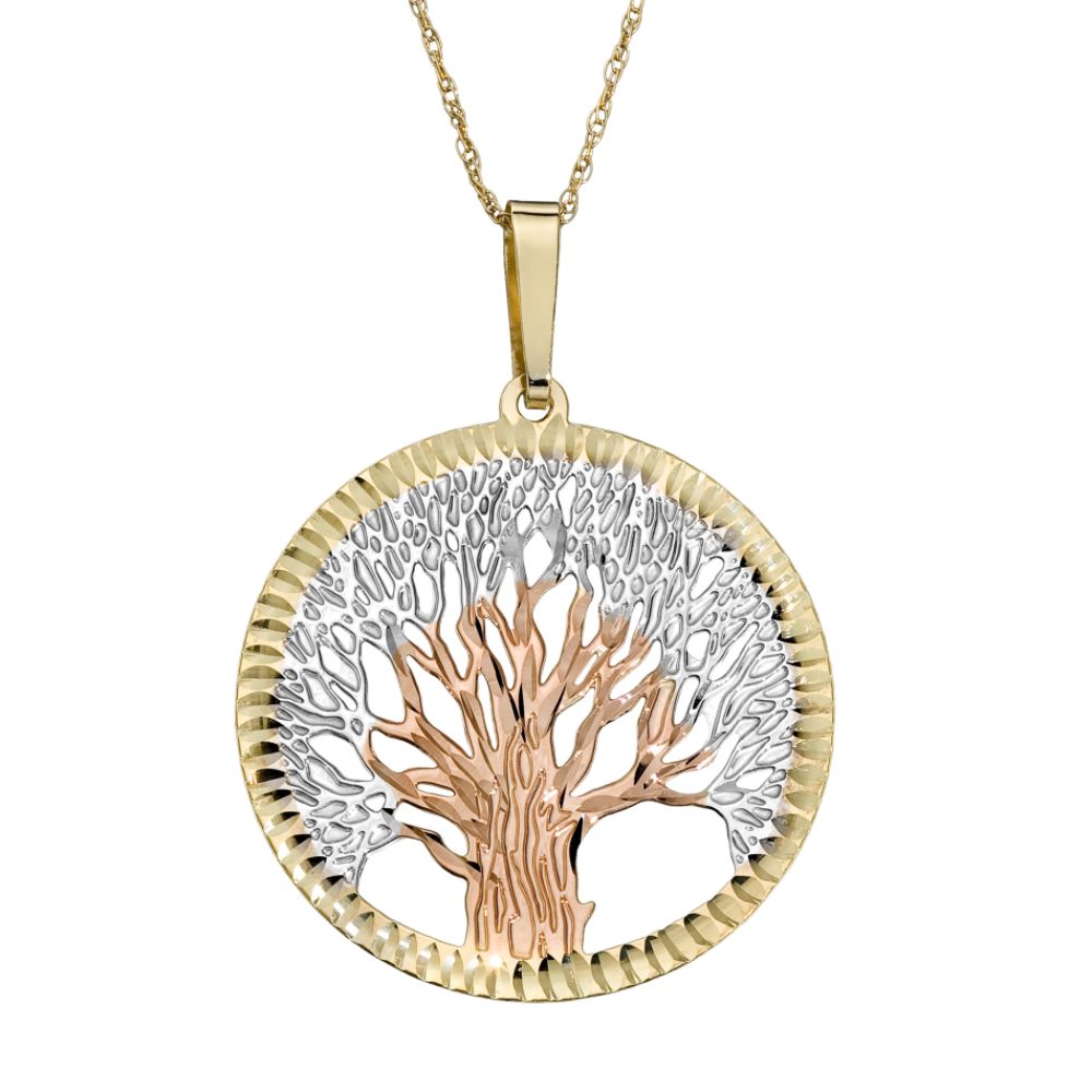 Jewelry For Trees 10k Tri-Color Gold Diamond Cut Tree of Life Pendant