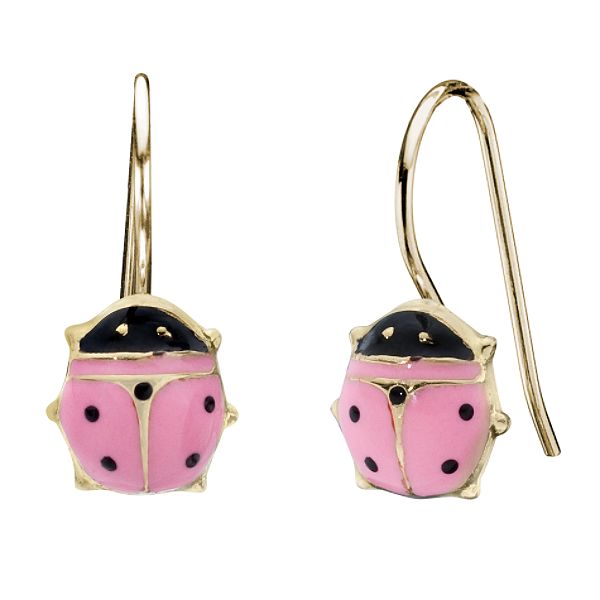 Jewelry For Trees 14K Yellow Gold and Sterling Silver pink Ladybug Dangle earrings