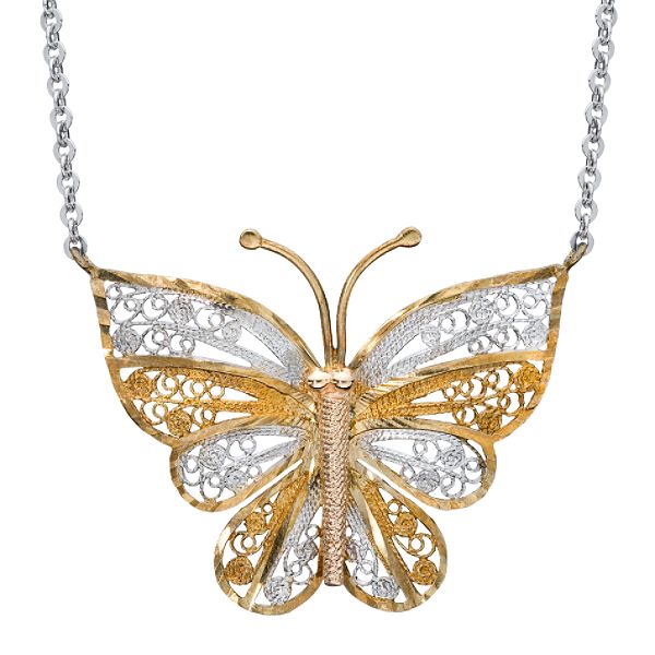 Jewelry For Trees 14K Gold and Sterling Silver Tri Color Butterfly Necklace