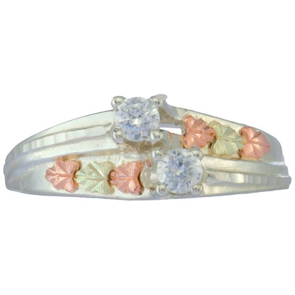 Black Hills Gold 12K Tricolor Over Sterling Silver Double White CZ Ring